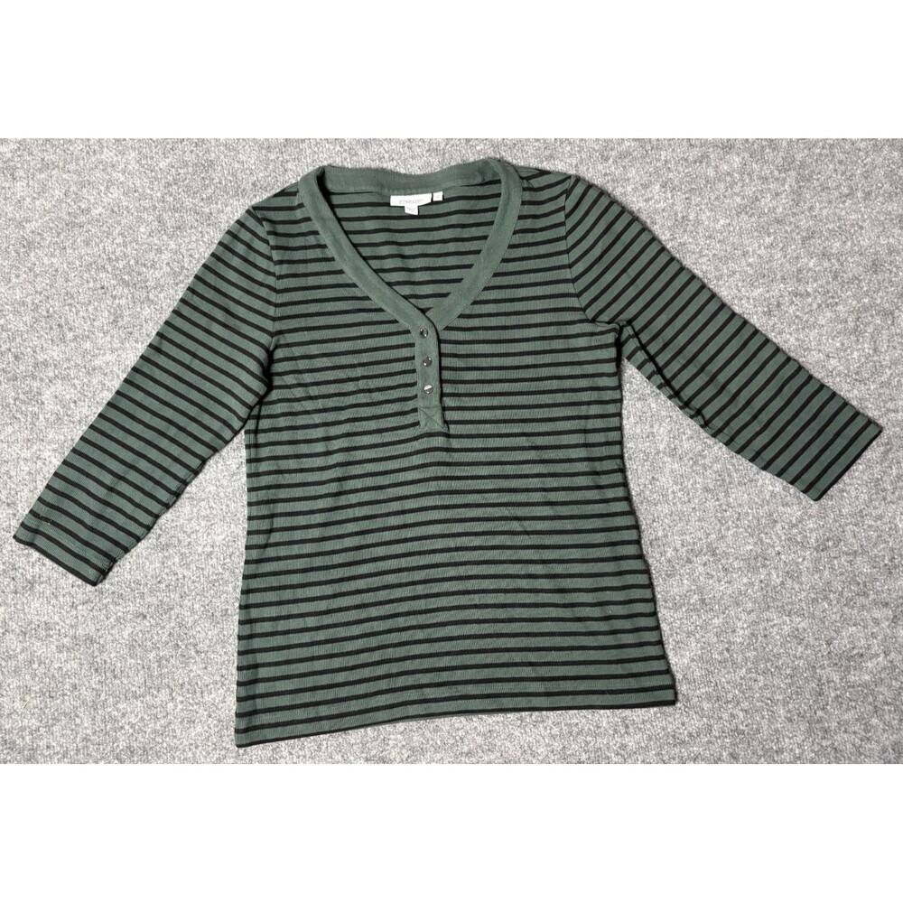 Chicos Top Womens Chico Size 1 US M Green Snap Buttons Long Sleeve Black Striped